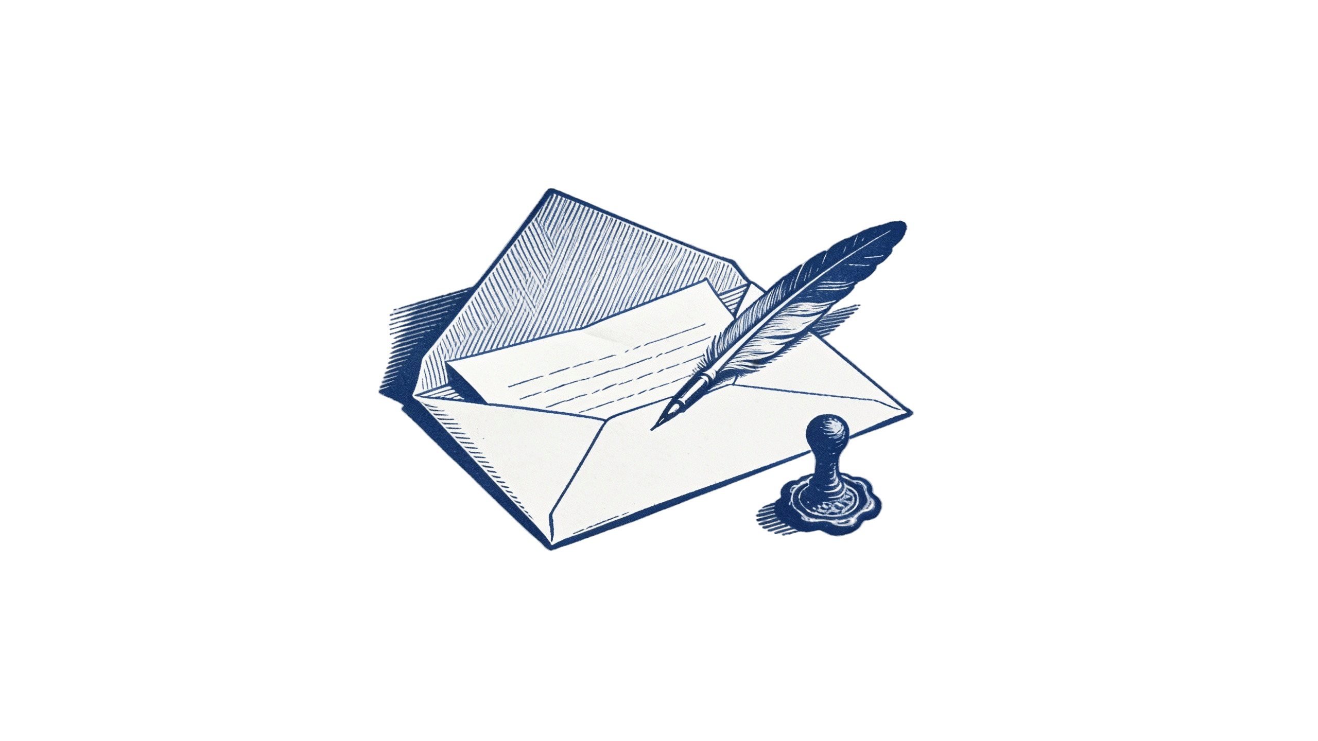 Icon of an open envelope with a written letter, a quill pen, and a wax seal stamp in a vintage blue and white line-art style.
