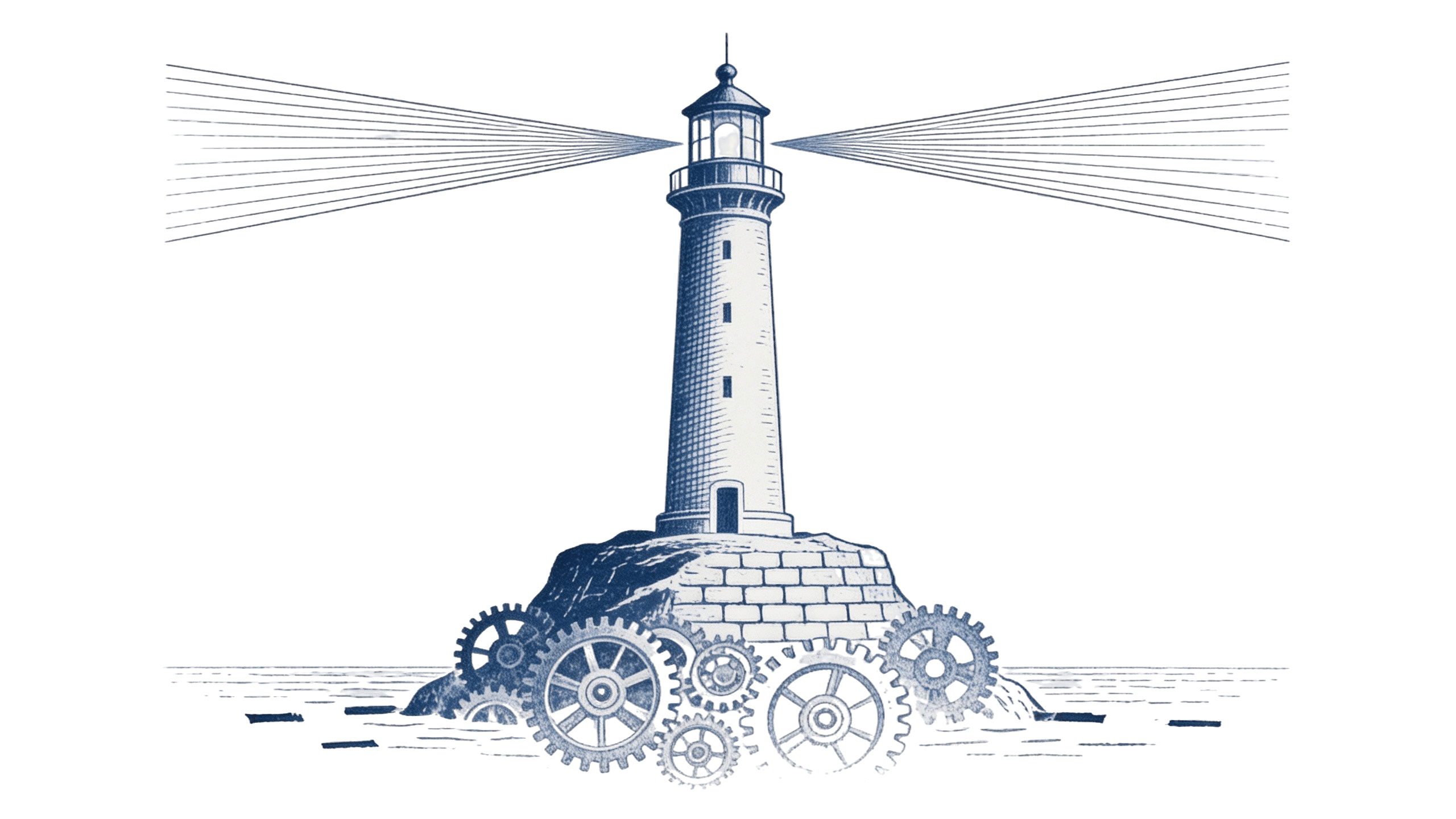 Icon of a lighthouse emitting beams of light, built upon a foundation of interlocking gears resting in water, drawn in a vintage blue and white line-art style.